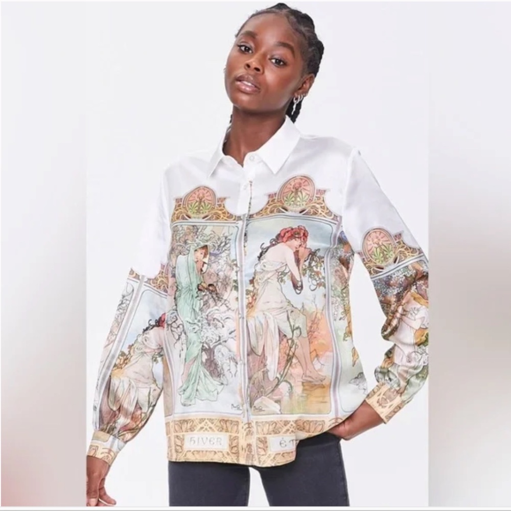 Forever21 Alphonse Mucha Collection Four Seasons Art Nouveau Blouse Button Down